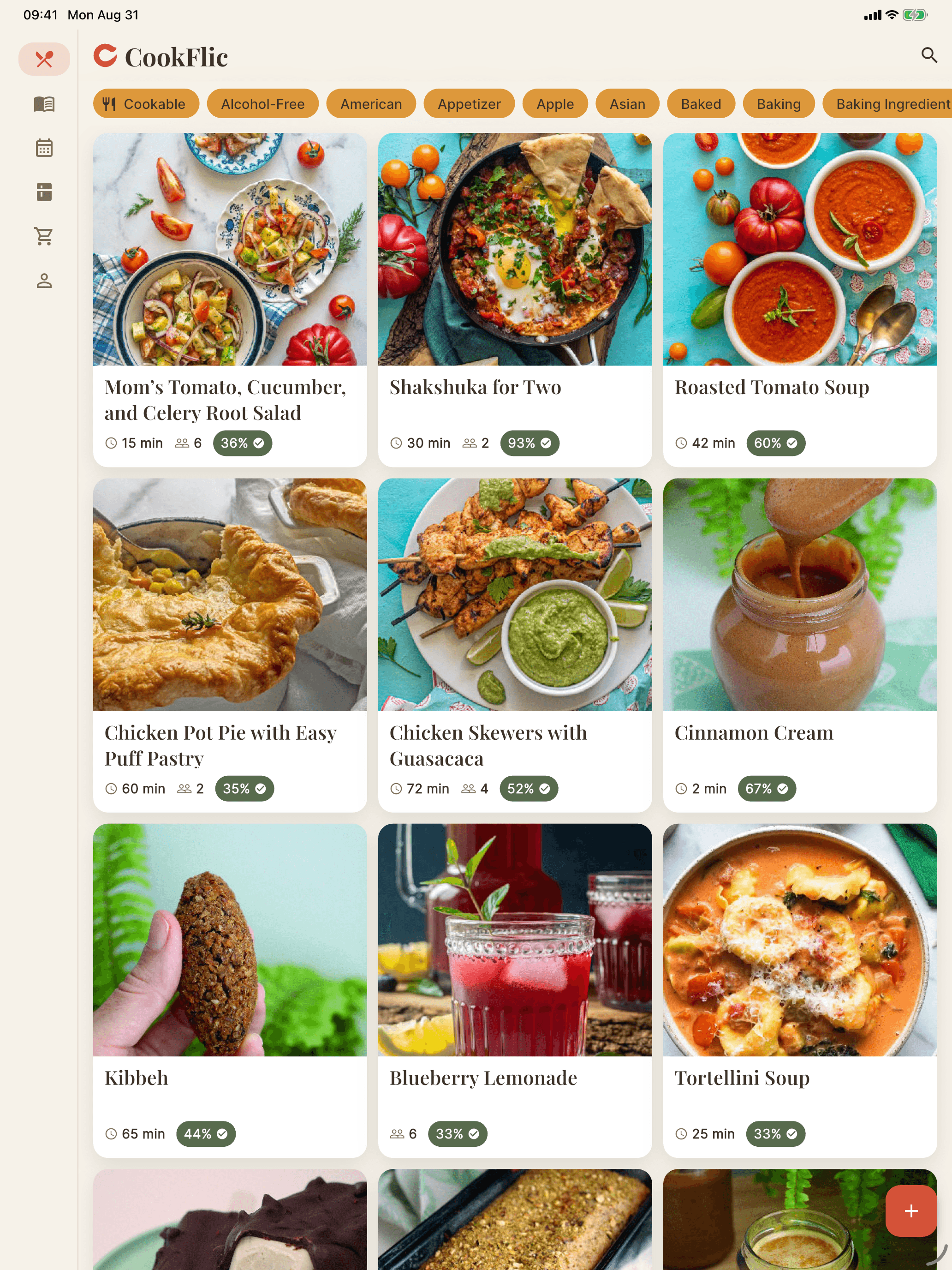 CookFlic recipe library on iPad, with sidebar navigation and a three-column photo grid